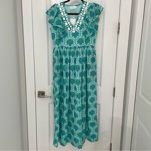 NWT Darlington Isle Taylor Starla Dress Teal Blockprint Beaded.    21